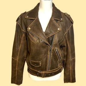 Brown Genuine Leather Biker Jacket with Asymmetrical Zipper and Belt